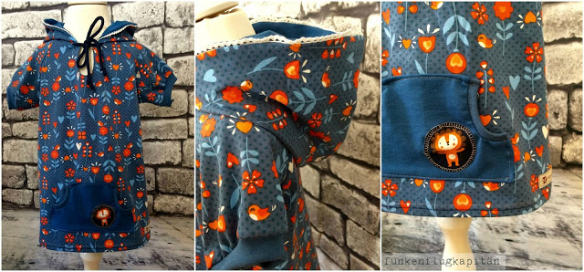 Kinder Kapuzenkleid kurzarm blau orange