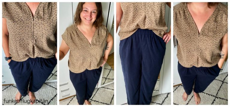 Bluse Hjertemusling Musselin braun Hose Frau Gusta Studio Schnittreif blau Viskoseleinen